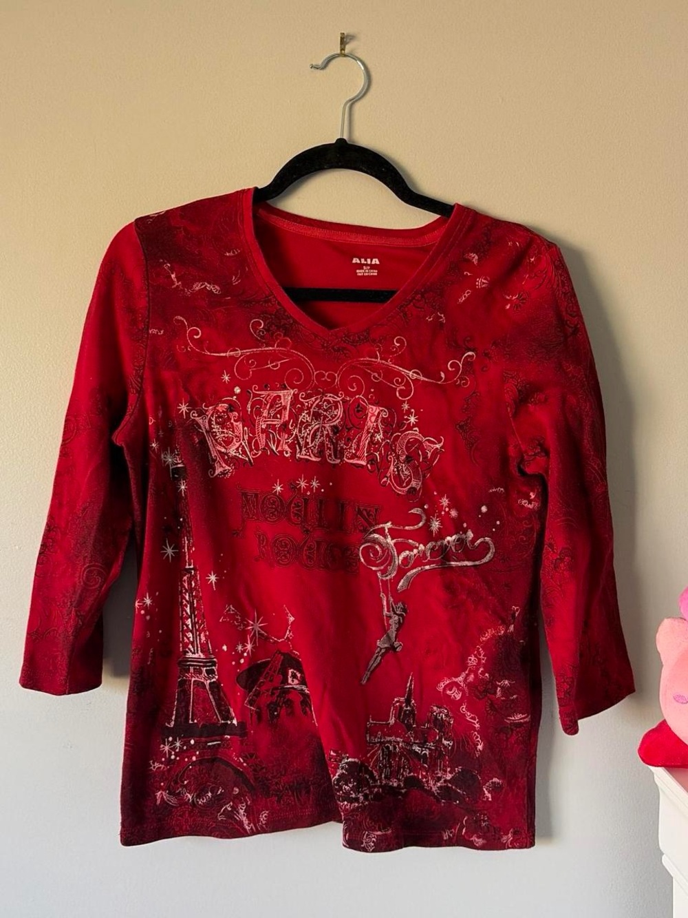 Alia Red Long-Sleeve V-Neck Tee with Paris Graphic